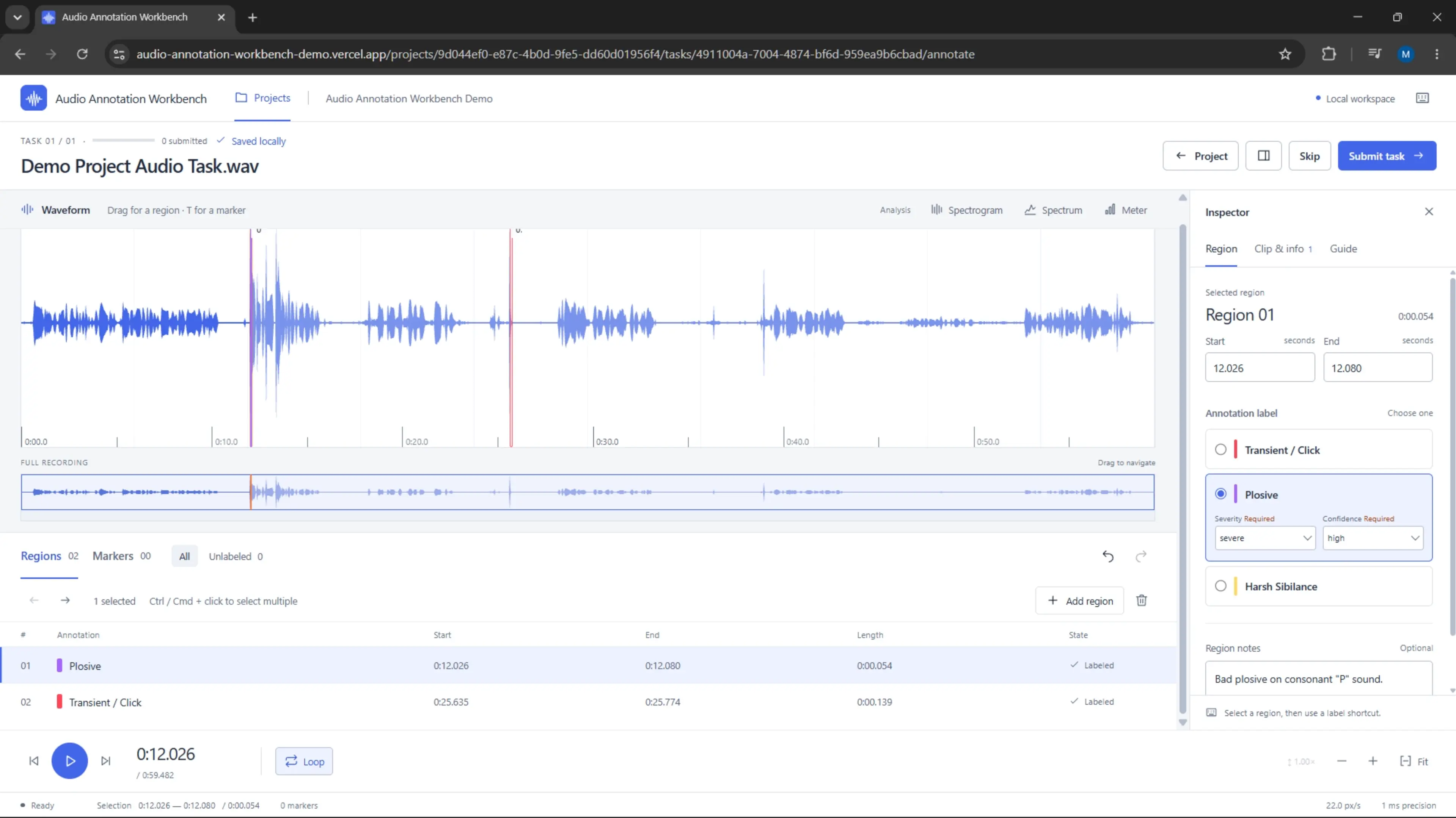 Audio Annotation Workbench with an annotated waveform, annotation controls, and spectrogram.